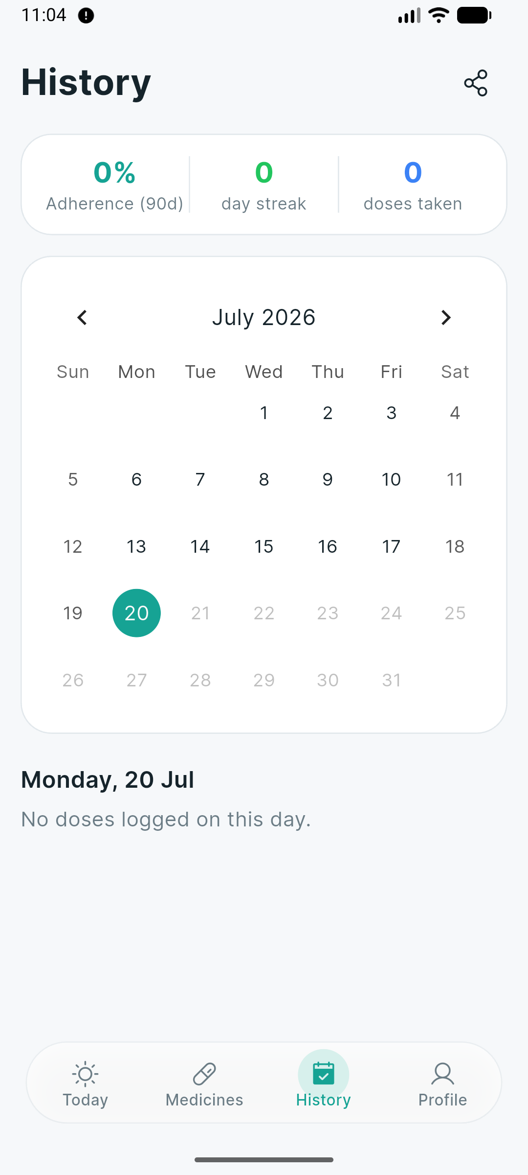 Medicall History calendar and adherence stats