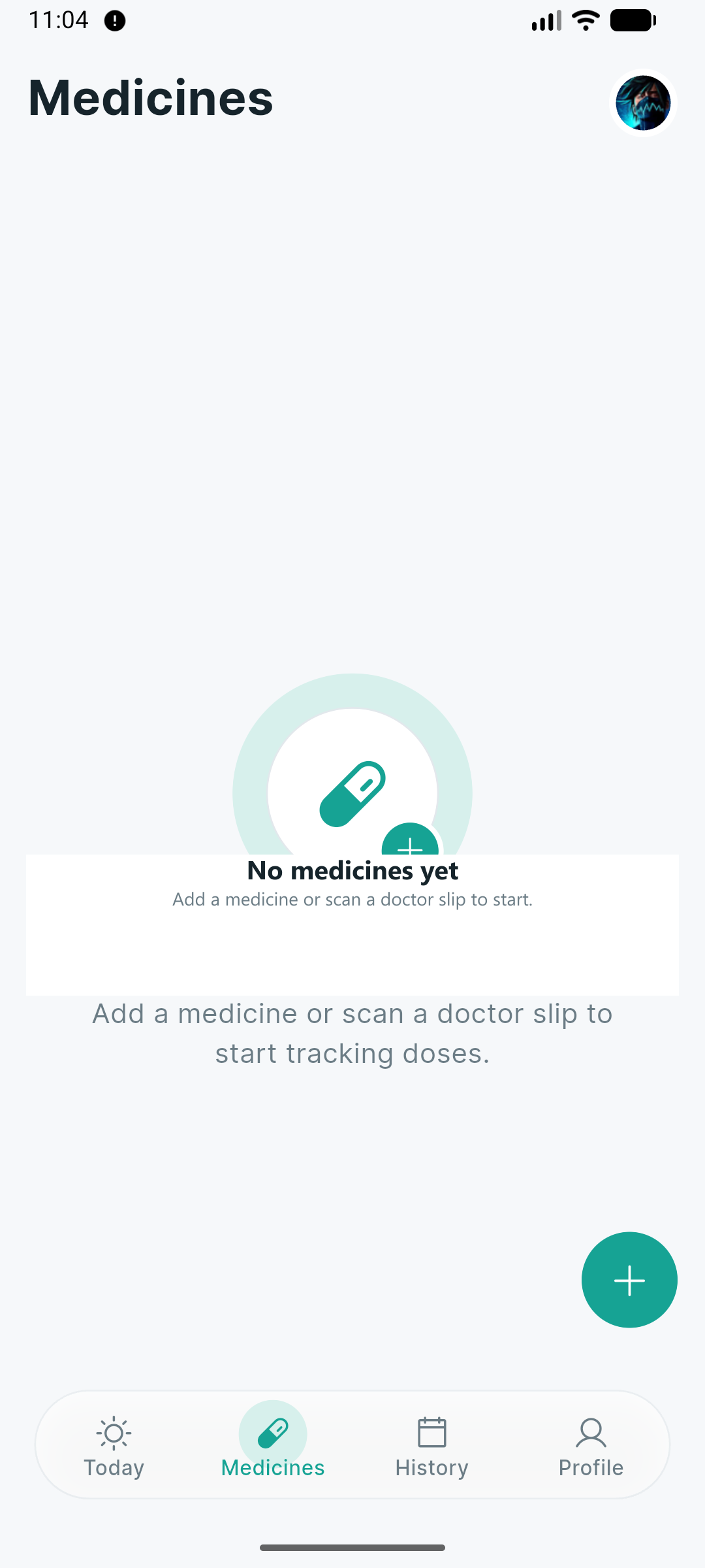 Medicall Medicines screen with add and scan empty state